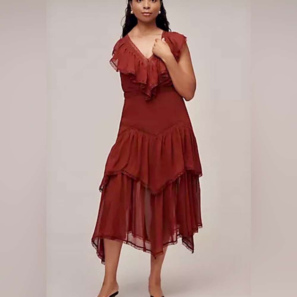 Anthropologie Vintage-Inspired Ruffle Midi Dress in Wine Color NWT